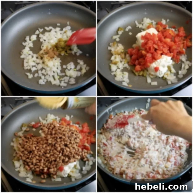 Fiery Black-Eyed Pea Delight 6 Mixing cream cheese, sour cream, Rotel, jalapenos, and black-eyed peas in a pan to create the base of the dip.