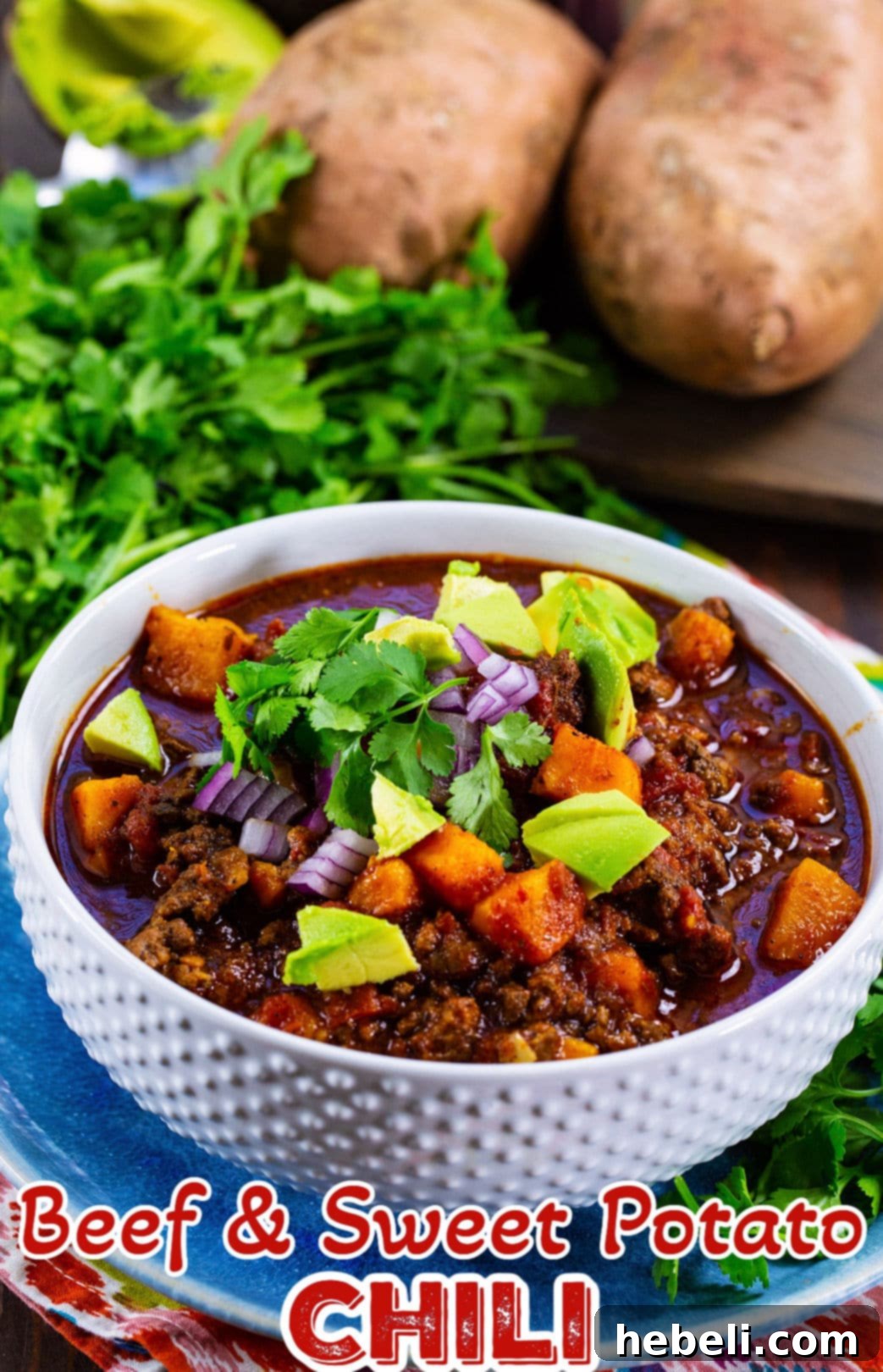 A final close-up of Slow Cooker Beef and Sweet Potato Chili in a white bowl, ready to be enjoyed.