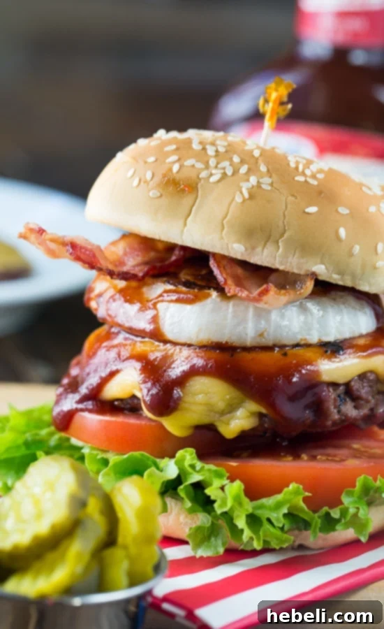Western Barbecue Burger with grilled onions, barbecue sauce, and bacon.