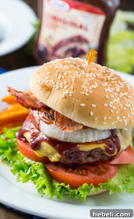 Western Barbecue Burger with grilled onions, barbecue sauce, and bacon.