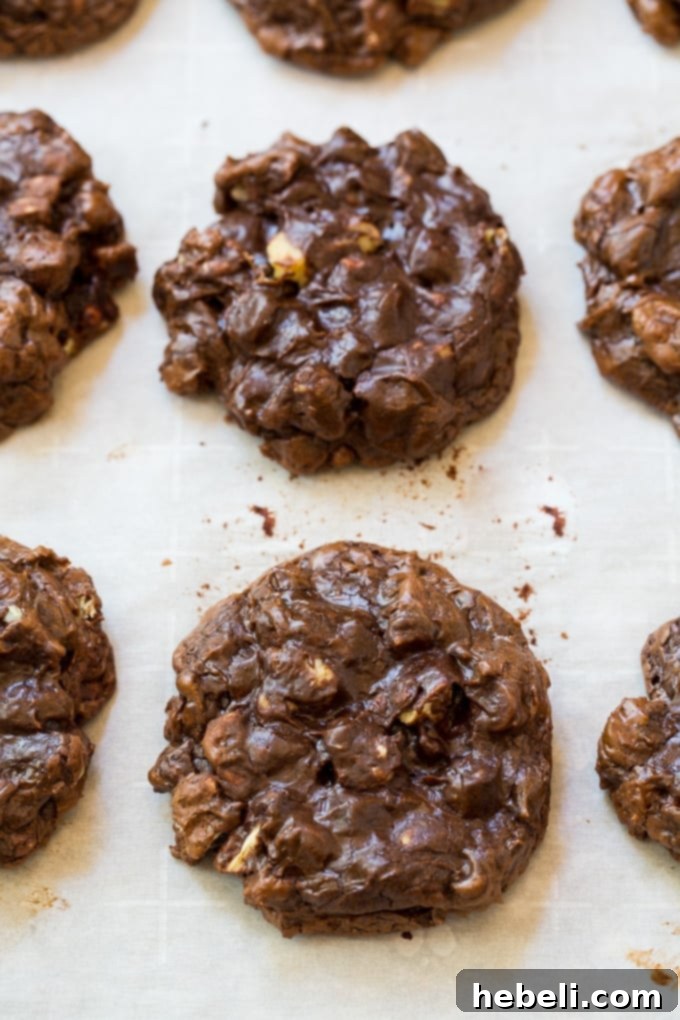 Triple Chocolate Dream Cookies 3 Fudgy Triple Threat Chocolate Chip Cookies on a cooling rack