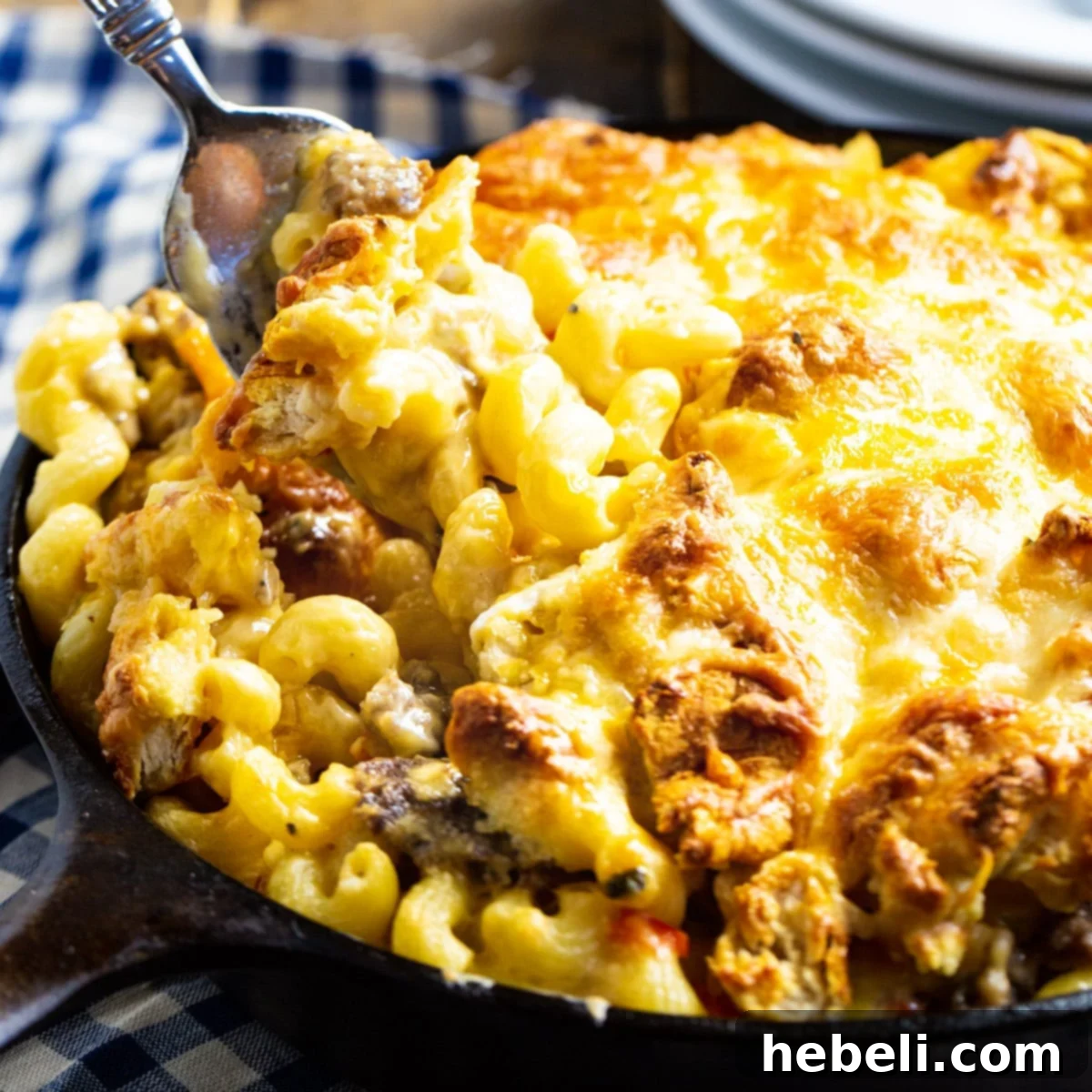 Rise and Shine Mac and Cheese 2 Hearty Breakfast Mac and Cheese in a rustic cast iron pan, ready to be served.
