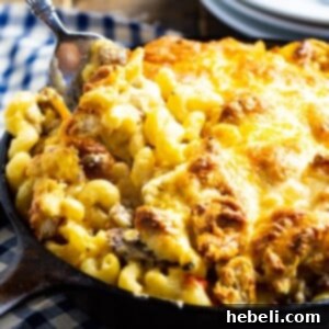 Rise and Shine Mac and Cheese 5 Breakfast Mac and Cheese in cast iron pan.