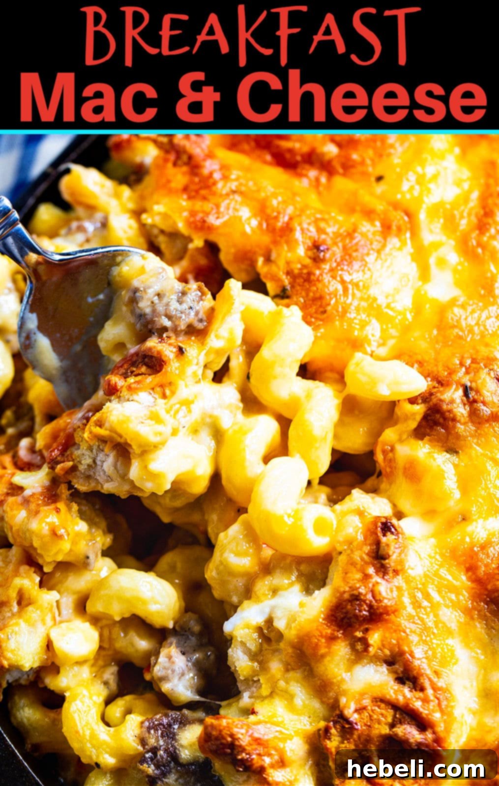 Rise and Shine Mac and Cheese 6 Close-up of Breakfast Mac and Cheese with a golden biscuit topping.