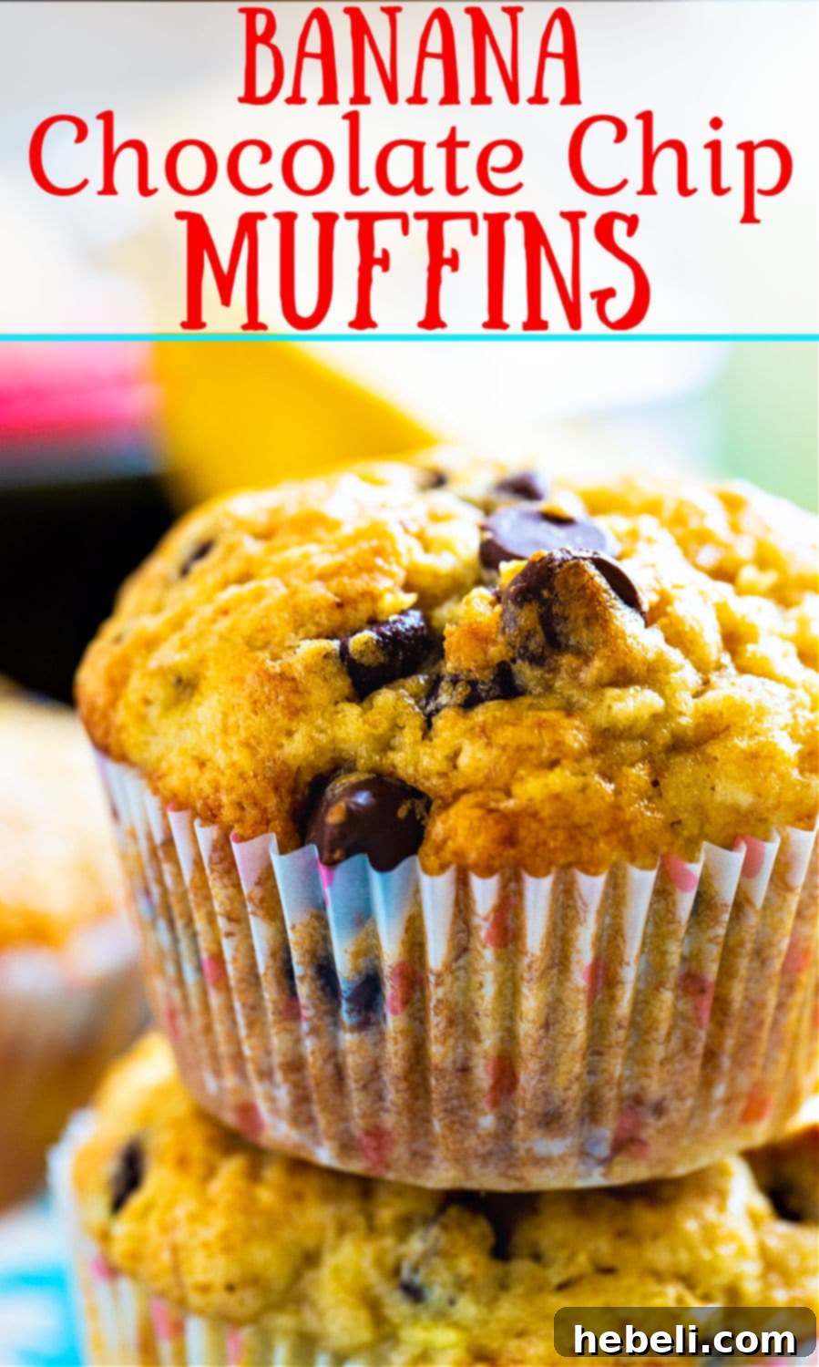 A close-up shot of a perfectly baked banana chocolate chip muffin, highlighting its golden crust and melted chocolate.