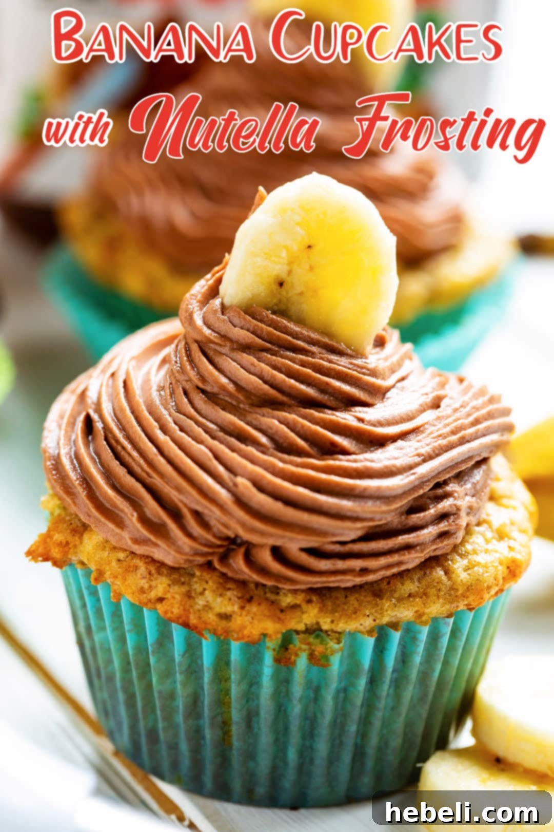 Golden Banana Nutella Delights 5 An inviting close-up of a single Banana Cupcake with rich, swirled Nutella frosting, showcasing its delicious texture and appeal.