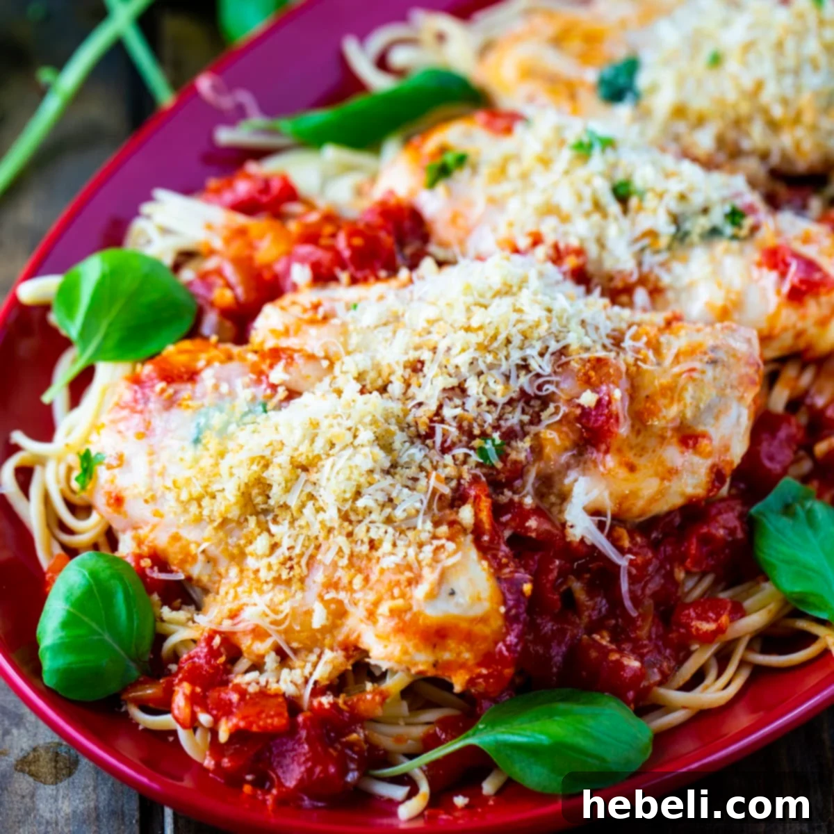 Crock Pot Chicken Parmesan over pasta on a serving plate, garnished with fresh basil.