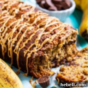 Peanut Butter Cup Banana Bread with a rich peanut butter glaze