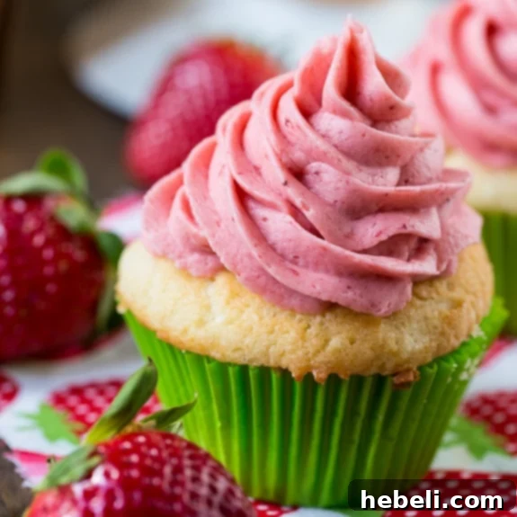 The perfect vanilla cupcake with fresh strawberry frosting.