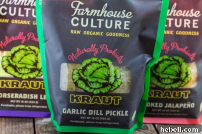Stuffed Reuben Crescents 4 Farmhouse Culture Kraut pouches in various flavors, highlighting quality fermented vegetables.