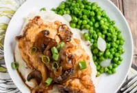 Crispy Southern Fried Chicken Breasts with Caramelized Sweet Onion and Cremini Mushroom Gravy