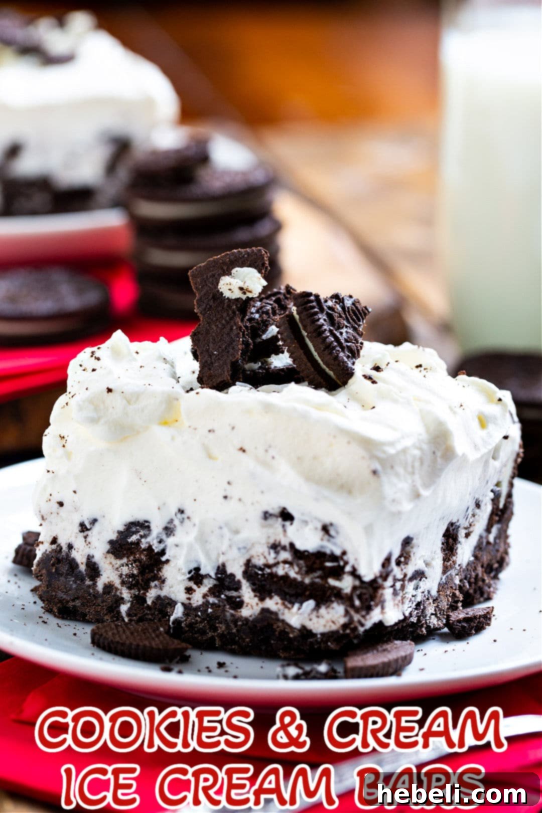 Close-up shot of a single Cookies and Cream Ice Cream Bar on a small plate.