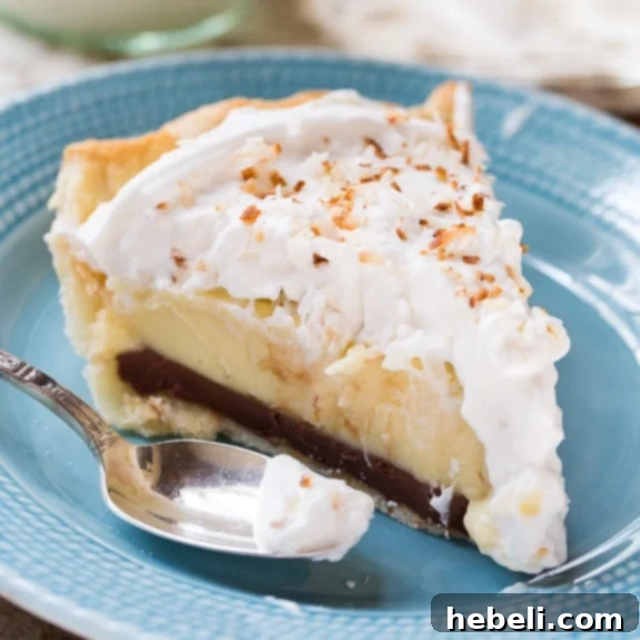 Delicious Black Bottom Coconut Cream Pie, ready to be served