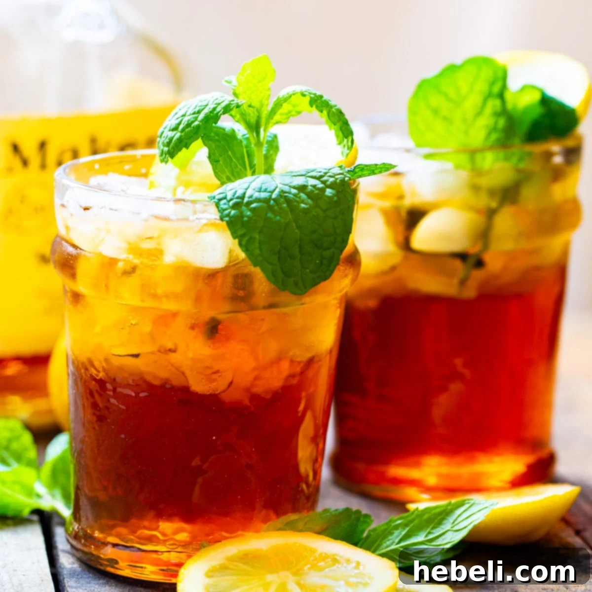 Two Sweet Tea Mint Juleps with fresh mint sprigs and lemon slices, ready to be enjoyed.