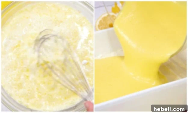 Velvet Lemon Bliss 6 Visual guide for making the lemon pudding layer and pouring it smoothly onto the cream cheese layer.