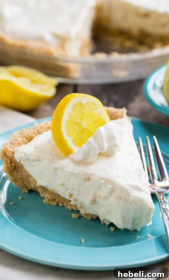 Close-up of No-Bake Lemon Icebox Pie, showcasing its creamy texture and no-bake ease