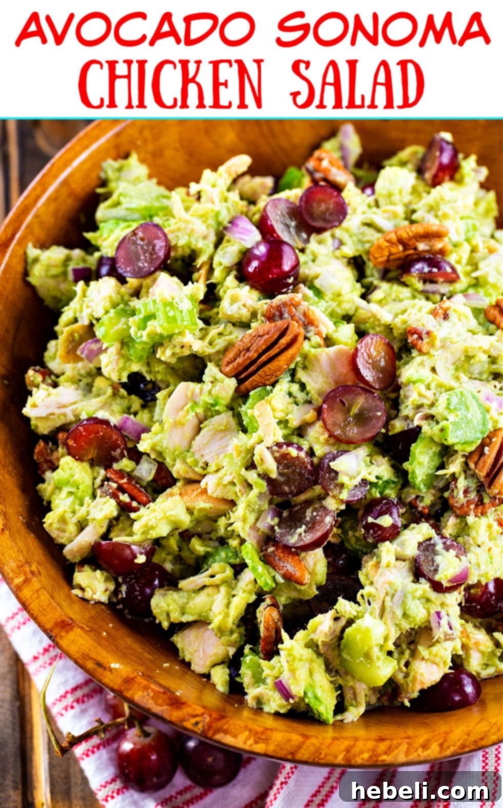 Sonoma Sunshine Chicken & Avocado Salad 4 Another appealing view of Avocado Sonoma Chicken Salad in a wooden bowl, ready to be served.
