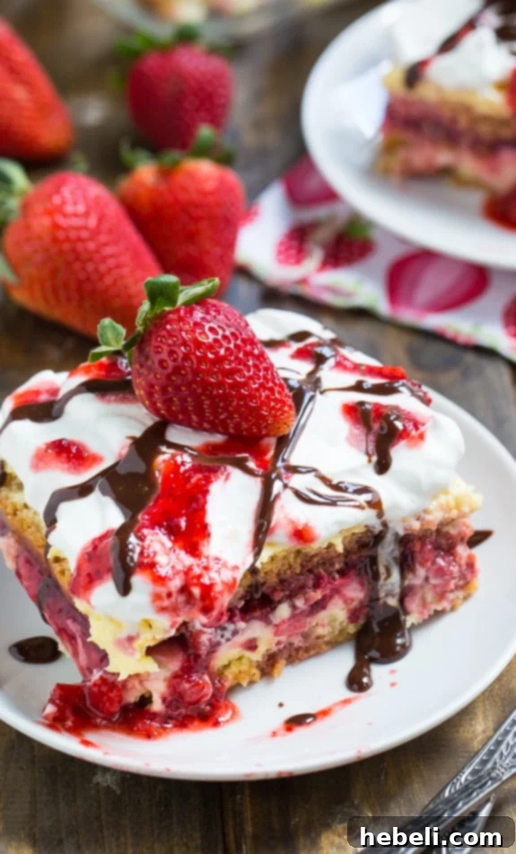 No-Bake Strawberry Lasagna Bliss 4 Strawberry Lasagna (no bake) showing the top layer of whipped cream and strawberry drizzle.