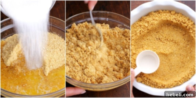 Ultimate No Fuss Millionaire Pie 4 Mixing graham cracker crumbs, melted butter, and sugar to form the pie crust.