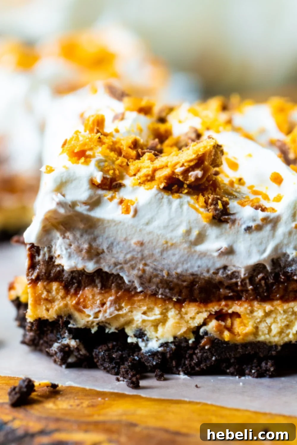 A mouth-watering close-up of Butterfinger Chocolate and Peanut Butter Lush, highlighting the crunchy candy pieces and creamy layers.