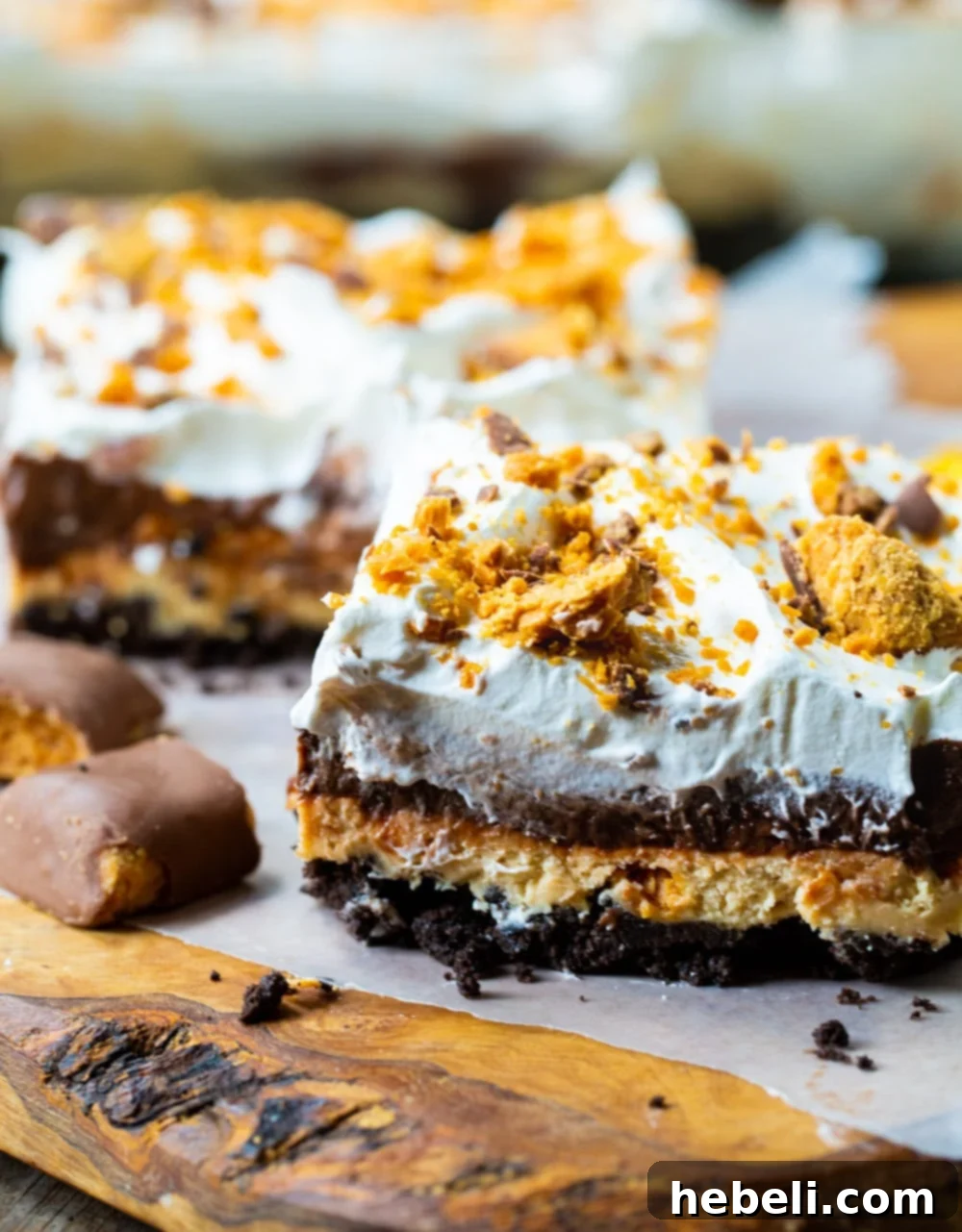 Two generous slices of Butterfinger Lush, showing off the distinct four layers: Oreo crust, peanut butter, chocolate pudding, and Cool Whip with Butterfinger crumbles.