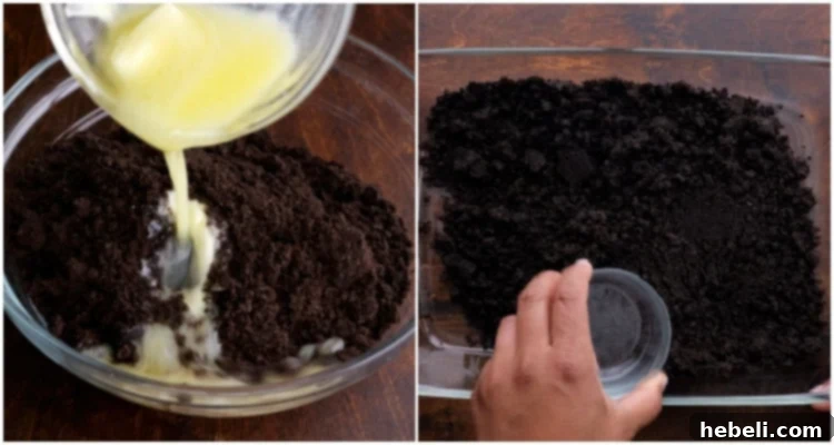 Image showing crushed Oreo cookies being mixed with melted butter to form the crust for the Butterfinger lush dessert.