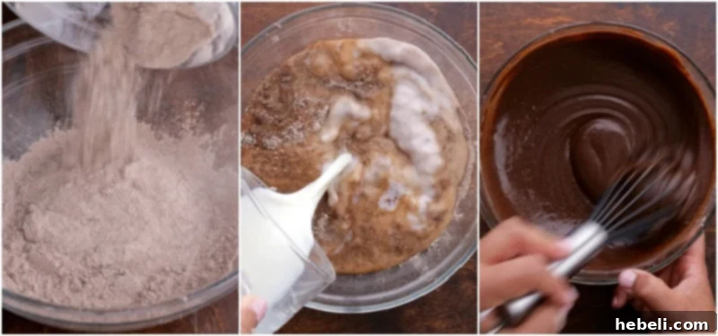 Whisking instant chocolate pudding mix with cold milk in a bowl to create the smooth, setting pudding layer for the lush.