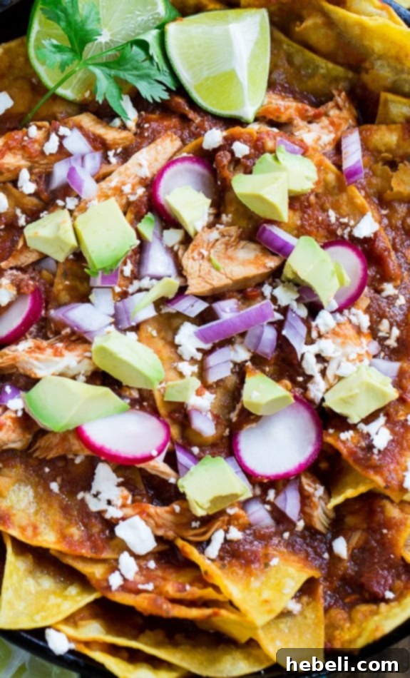 Close-up of Chicken Chilaquiles showcasing corn tortilla chips, succulent chicken, vibrant red chili sauce, and a generous sprinkle of cotija or queso fresco cheese. Simply irresistible!