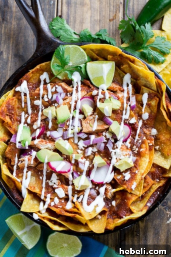 Serving of Chicken Chilaquiles adorned with fresh toppings like chopped red onion, creamy avocado, and cilantro, alongside a drizzle of sour cream. A vibrant and delicious Mexican meal.