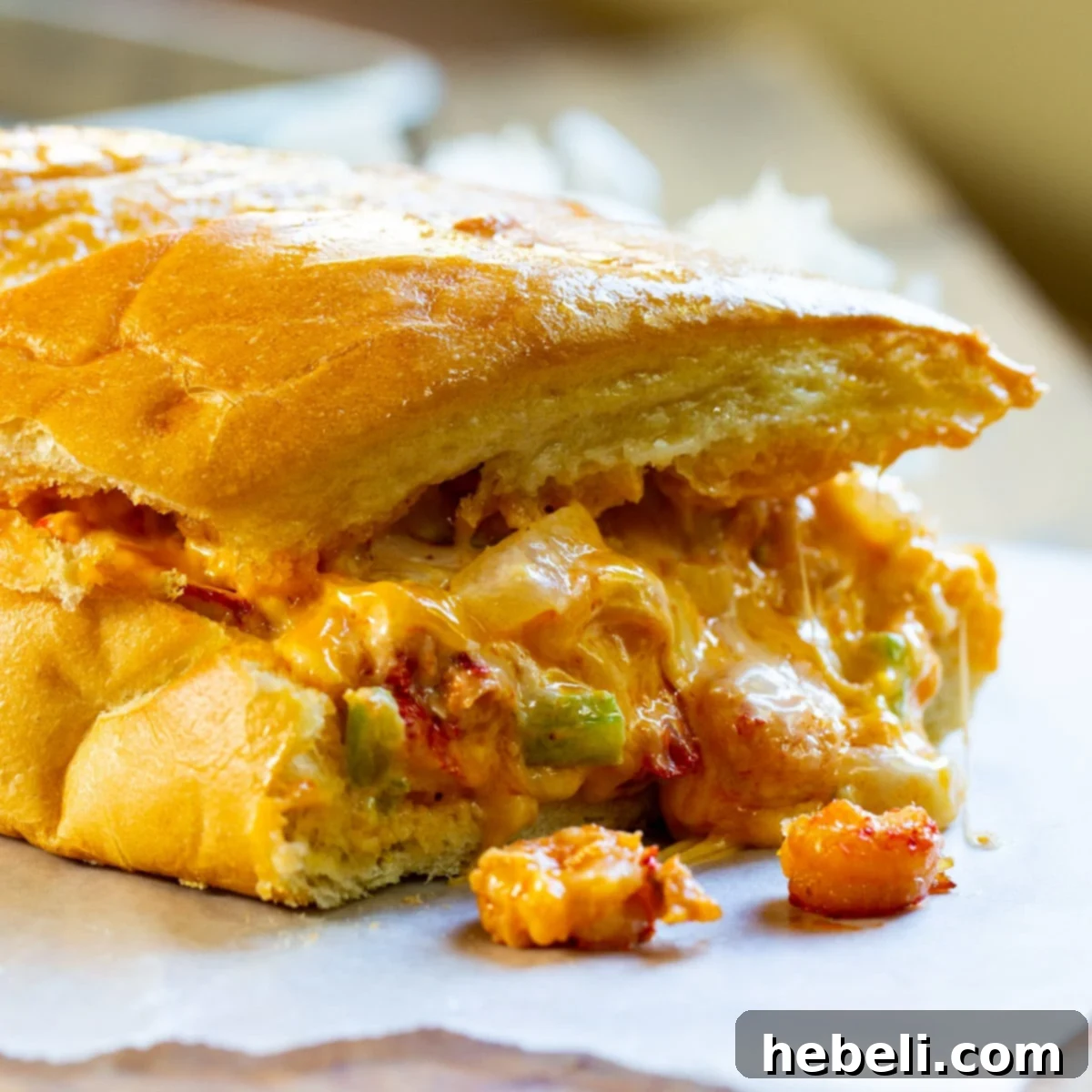 Crawfish Bread cut to show the cheese and crawfish filling.
