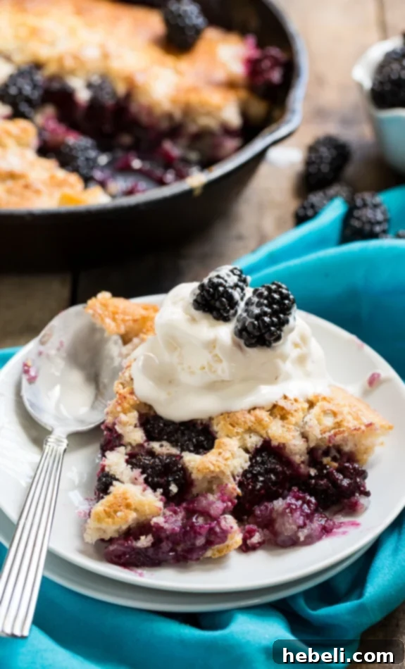 A top-down view of the freshly baked Easy Skillet Blackberry Cobbler, showcasing its perfectly browned crust and ample fruit content, ready to be dished out.