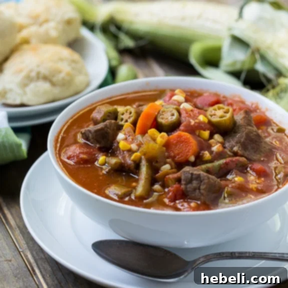 Close-up of Vegetable Beef Soup, showcasing the colorful vegetables.