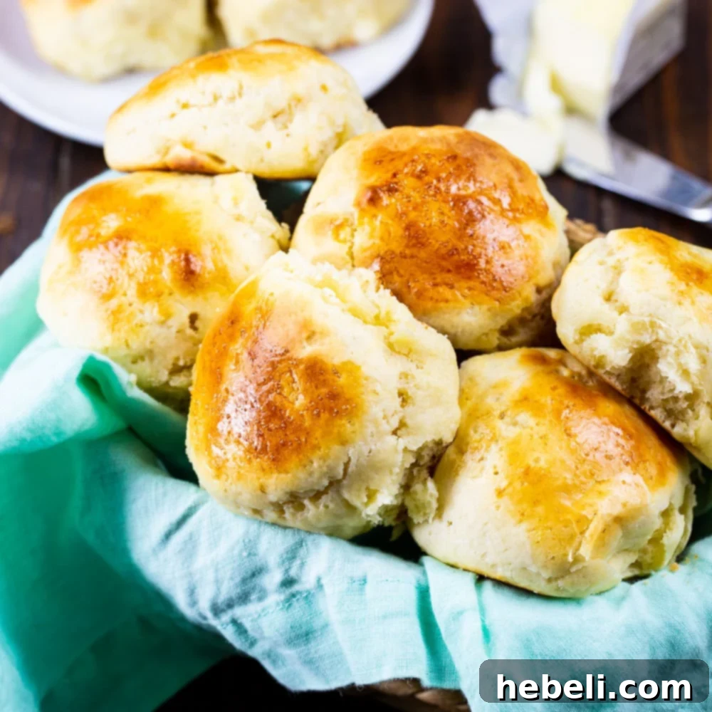 Pillowy Overnight Sour Cream Rolls 2 A basket overflowing with freshly baked, golden Overnight Sour Cream Rolls, showcasing their soft texture and inviting appearance.
