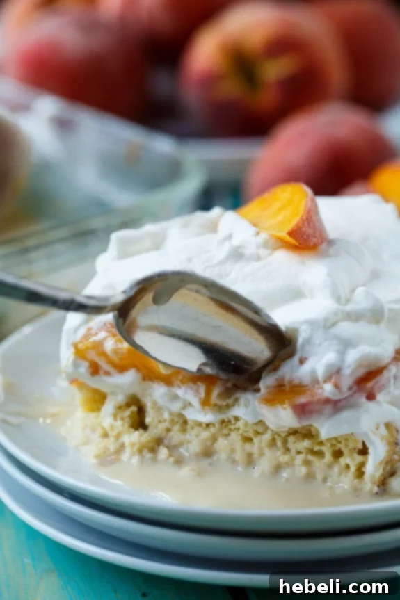 Luscious Peach Bourbon Tres Leches 5 An artistic close-up of the Peach Bourbon Tres Leches Cake, highlighting its moist layers and the inviting texture of the whipped cream.
