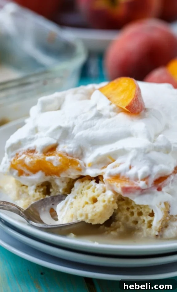 Luscious Peach Bourbon Tres Leches 6 Another beautiful shot of the Peach Bourbon Tres Leches Cake, emphasizing its rich layers and vibrant peach topping.