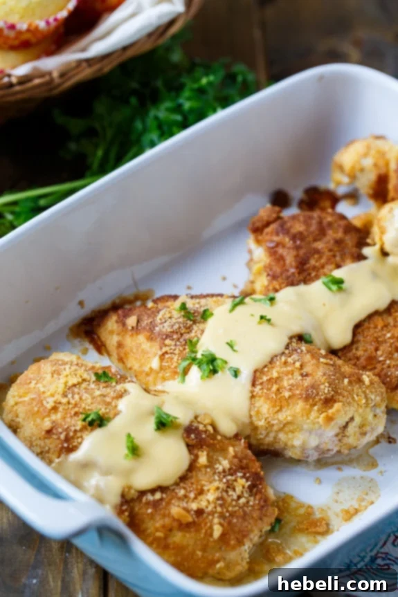 Close-up of golden brown Cheesy Chicken Breasts coated in Ritz crackers.