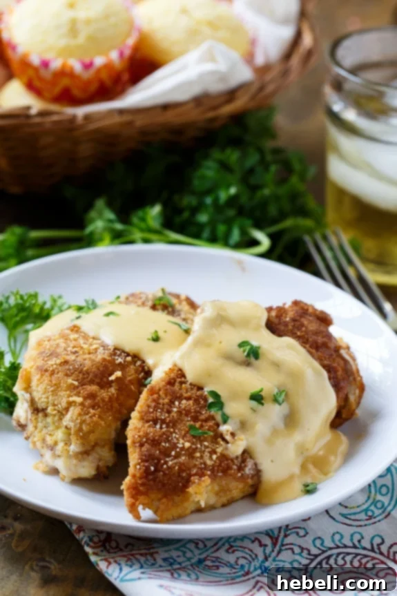Close-up of a plate of Cheesy Chicken Breasts, highlighting the sauce and crispy coating.