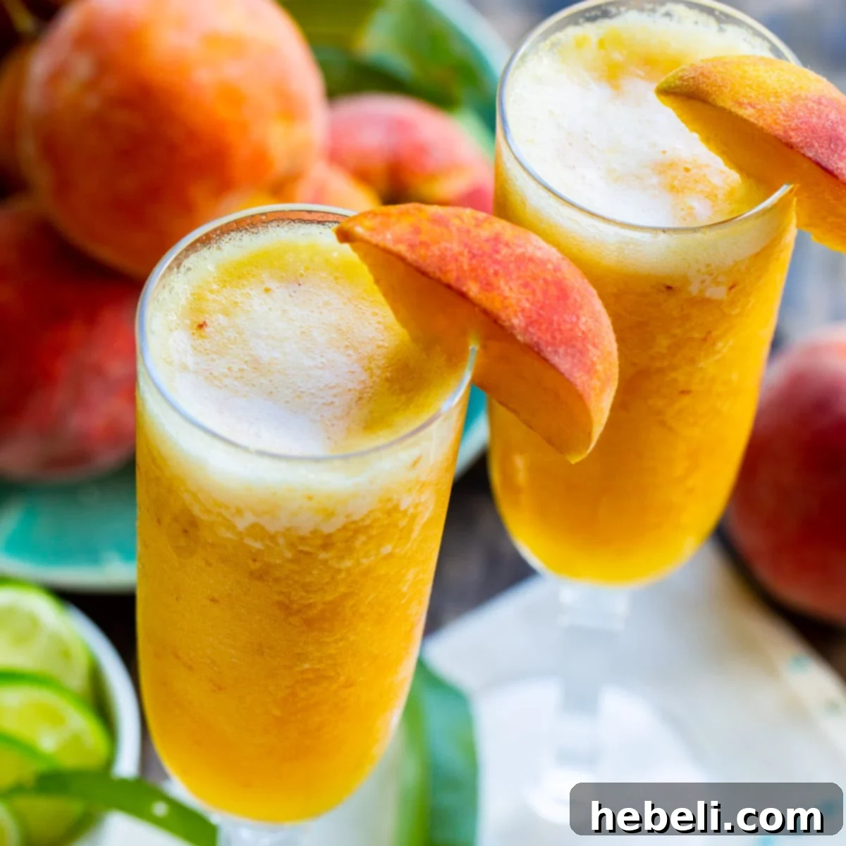 Icy Peach Delight 2 Frozen Peach Bellini Mocktail in two glasses, ready to be enjoyed.