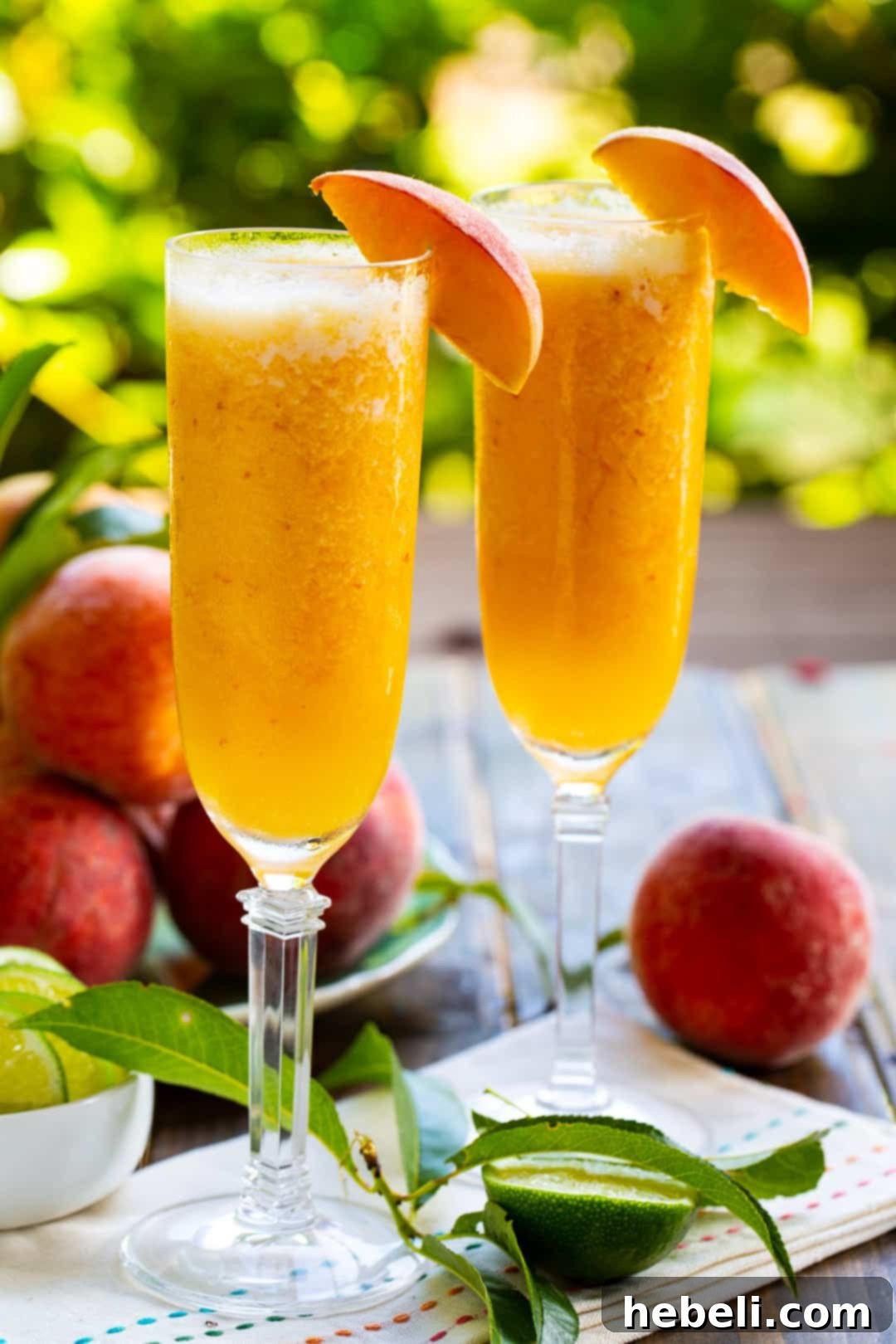 Icy Peach Delight 4 Two glasses brimming with Frozen Peach Bellini Mocktail, garnished and ready.
