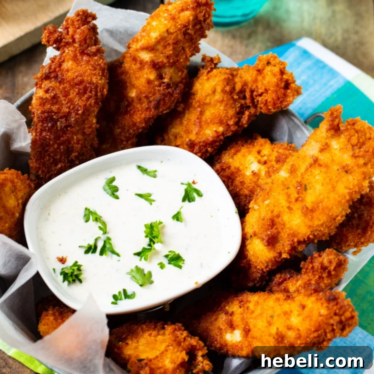 Crispy Ranch Chicken Fingers served with a bowl of creamy ranch dressing, ready for dipping.
