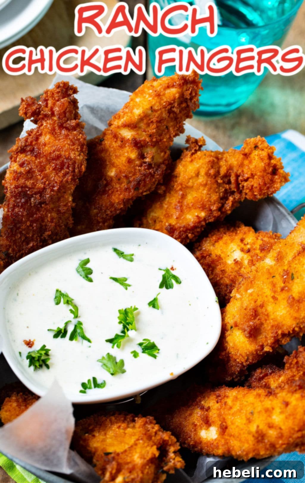 A serving of Ranch Chicken Fingers with a small bowl of ranch dressing on the side.