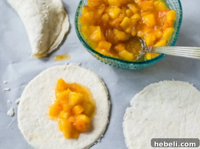 Golden Crispy Peach Turnovers 3 Close-up view of two Southern Fried Peach Pies, showcasing their golden-brown, crispy exterior and slightly puffed dough, promising a delightful texture.