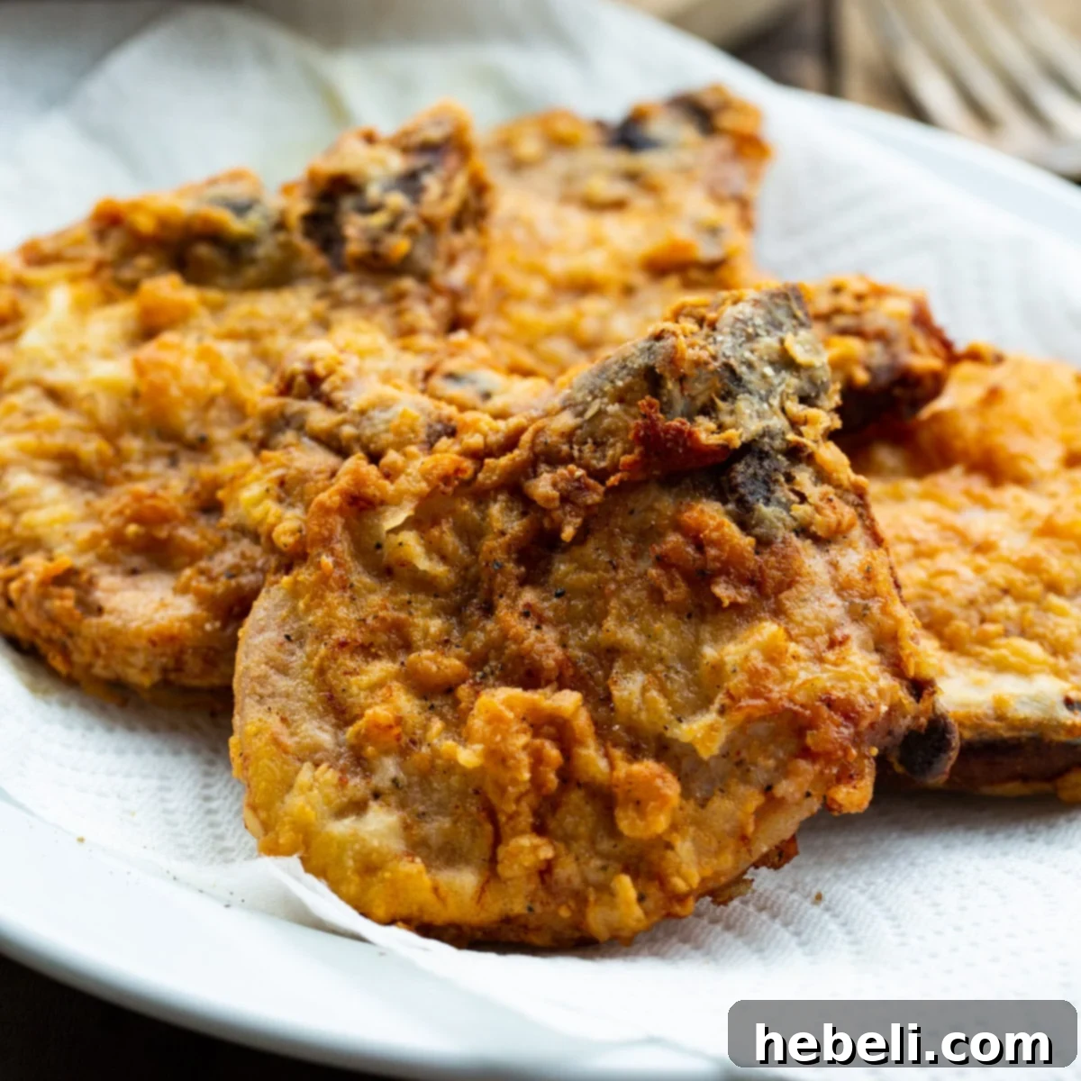 Crispy golden-brown Southern Fried Pork Chops, freshly cooked and resting on a paper-towel-lined plate to drain excess oil, ready to be served.