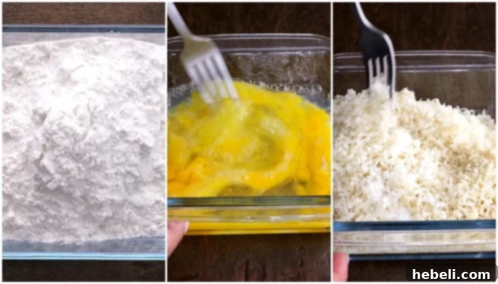 Golden Zucchini Crisps 4 Three shallow dishes set up for dredging: flour, egg wash, and Panko-Parmesan mix.