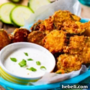 Fried Zucchini Chips with a bowl of ranch dressing in a blue basket.