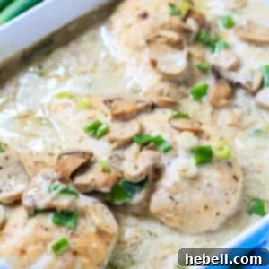 Smothered Chicken Breasts in a simple mushroom cream sauce, recipe card image.