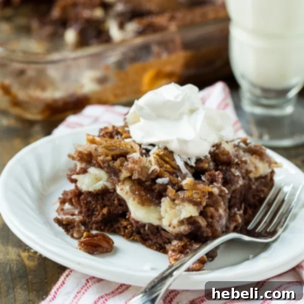 German Chocolate Upside Down Cake with gooey topping and chocolate cake layers