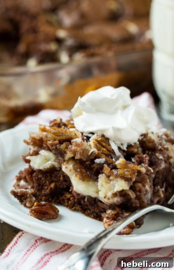 Close-up of baked German Chocolate Upside Down Cake, still in the pan before inverting