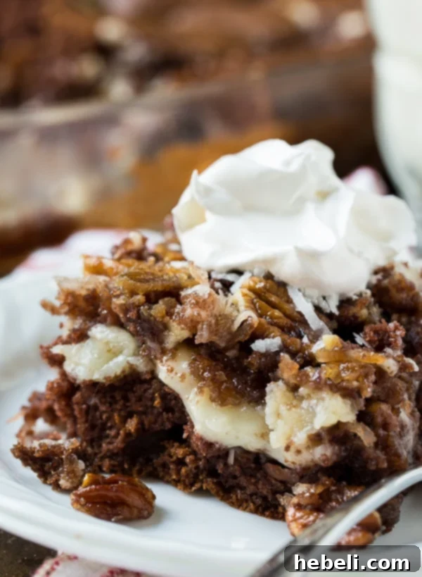 German Chocolate Upside Down Cake showing gooey cream cheese pockets