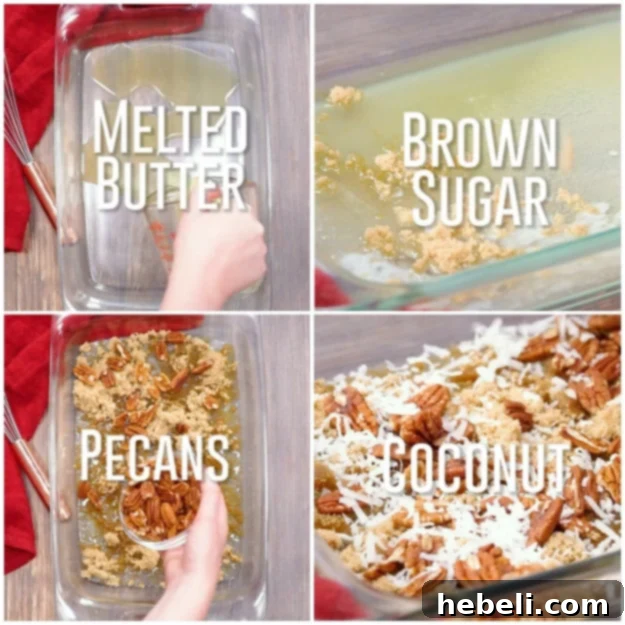 Adding melted butter, brown sugar, pecans, and coconut to pan, forming the cake's bottom layer